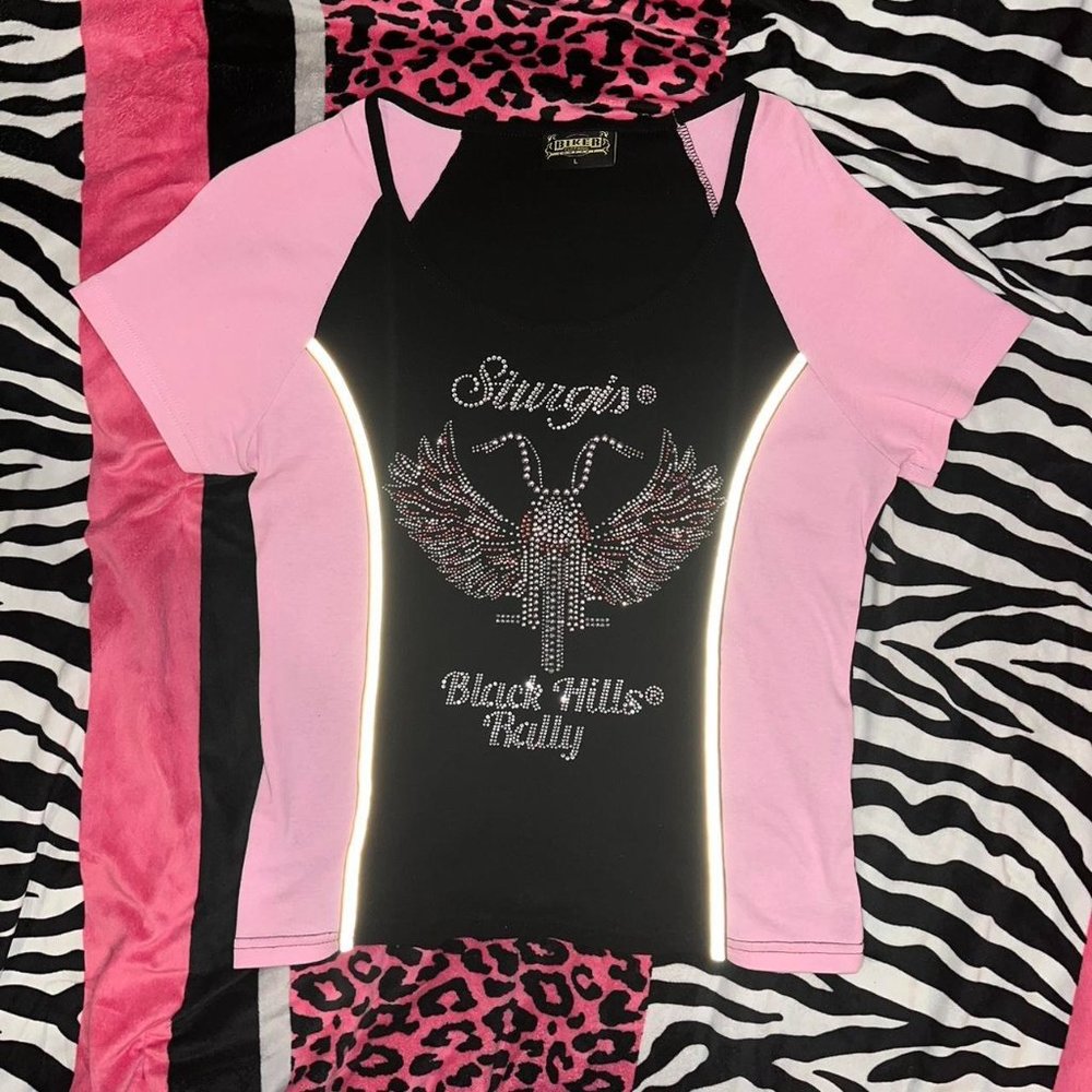 pink + black biker shirt
